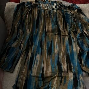 Freckled Poppy dear Scarlett blue tan cream black off shoulder blouse size large